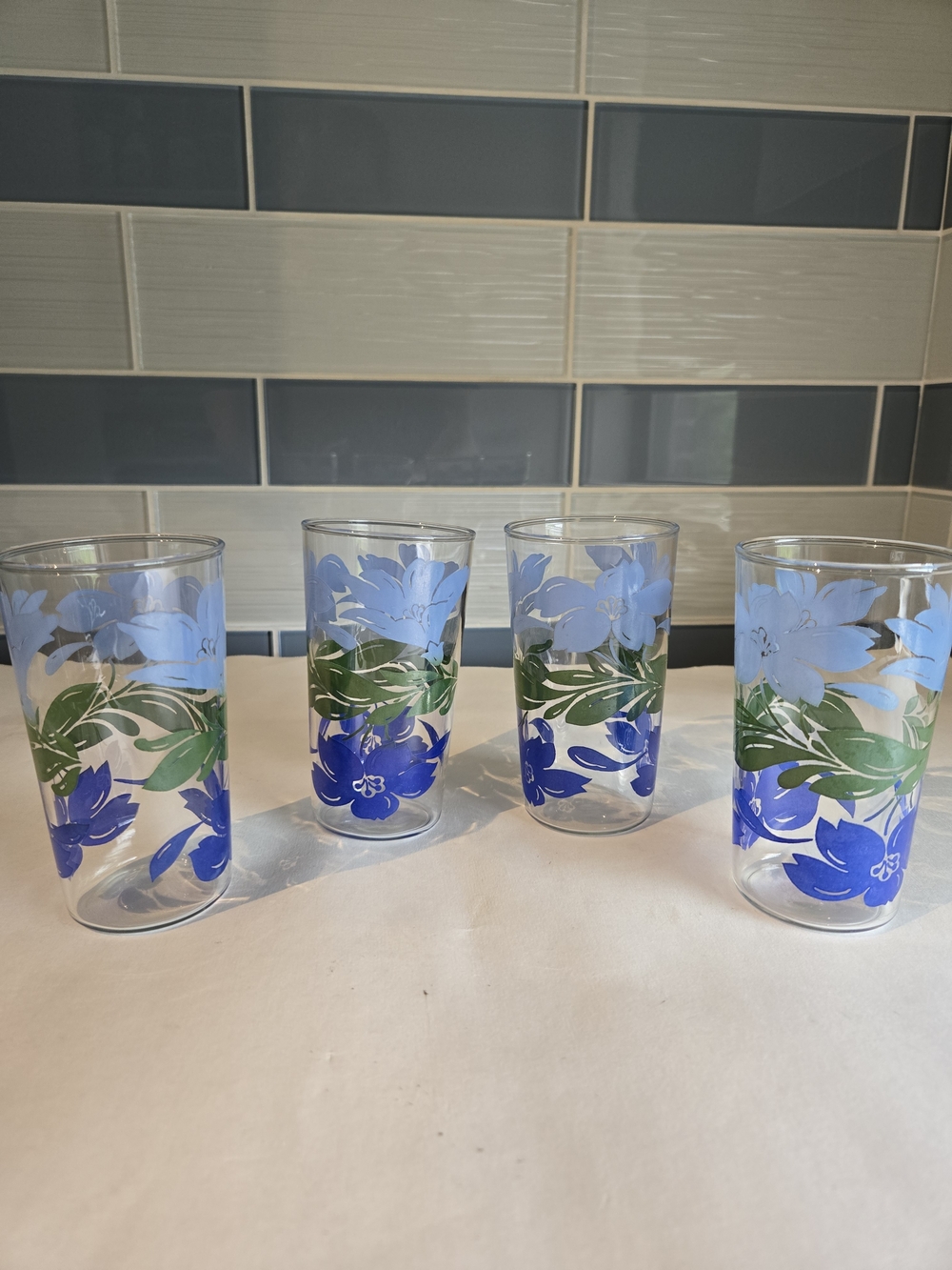 Set of 4 Floral Blue and Green  Juice Glasses